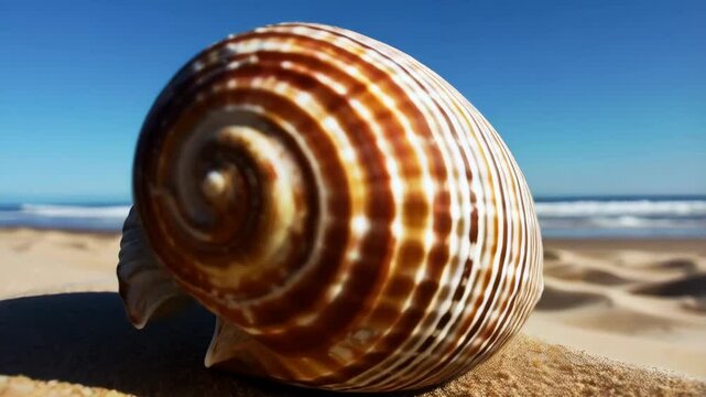 Close-up view of a brown and white striped sea shell on a sandy beach with ocean waves and clear blue sky in the background