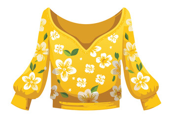 Obraz premium Yellow Floral V-Neck Blouse Casual Wear - Vector Illustration