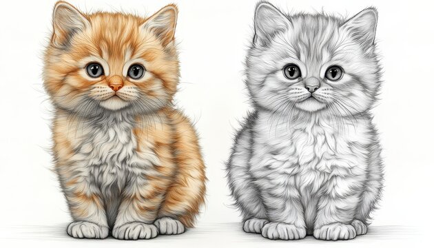 Dois Gatinhos: Desenho Colorido e Esbo&ccedil;o em Preto e Branco