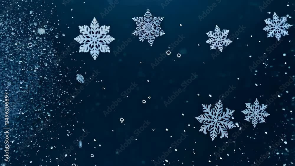 Poster elegant snowflakes falling slowly on a dark blue background with bokeh effect, creating a festive an