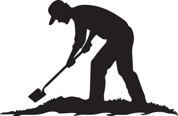 Farmer Hoeing the Soil Silhouette Vector Illustration on Transparent Background