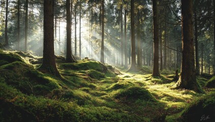 Obraz premium Sunlit Forest Path With Mossy Ground