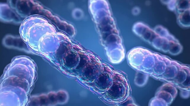 Microscop view of illuminated spherical cocci staphylococci bacteria in grape-like clusters floating, video loop