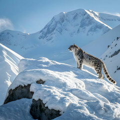 a snow leopard standing on top of a snow covered