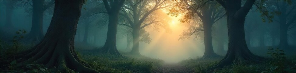 Fototapeta premium Mysterious, hazy forest scene at dawn Sunlight struggles to pierce the thick fog, illuminating ancient trees and a lush undergrowth Perfect for fantasy or mystery themes , sunrise, environment