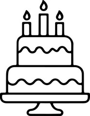Tiered birthday cake with three lit candles. Simple outline drawing for greeting card design or party celebration icon.