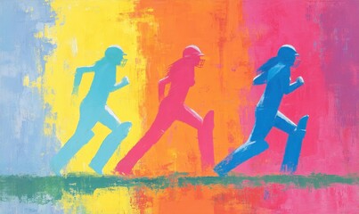 Três figuras em movimento vibrante