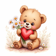 Cute Bear with Heart and Flowers