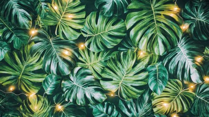 Tropical foliage backdrop with tiny lights.