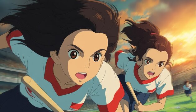 Duas meninas correndo animadas, estilo anime, a&ccedil;&atilde;o, velocidade, energia