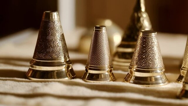 Collection of decorative thimbles on soft fabric surface with intricate patterns displayed with warm lighting in an indoor setting.