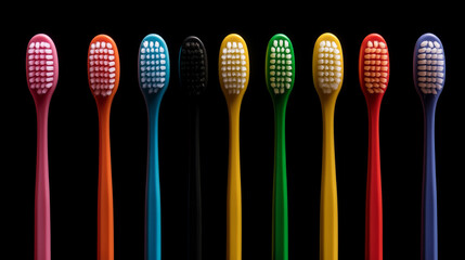Set of colorful toothbrushes on black background, ideal for dental branding, e-commerce, or advertising use