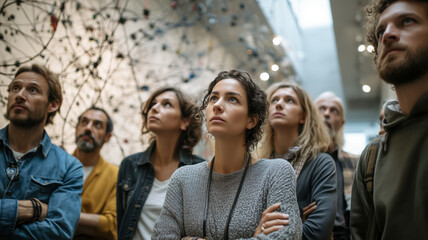 Obraz premium Group of people in an art gallery, looking at a modern art installation on the ceiling, captivated by the display above.