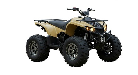 A tan atv with black accents isolated on a white background in studio shot