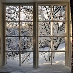 Snowy winter scene viewed through a window.