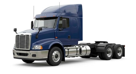 A blue semi truck cab with no trailer isolated on a white background view