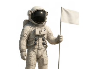 Astronaut in a spacesuit planting a white flag against a transparent background, symbolizing exploration and achievement in space travel