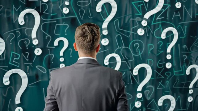 Navigating the Enigma: A pensive individual, lost in thought amidst a sea of question marks, symbolizes curiosity and critical thinking. A scene of contemplation and complexity.