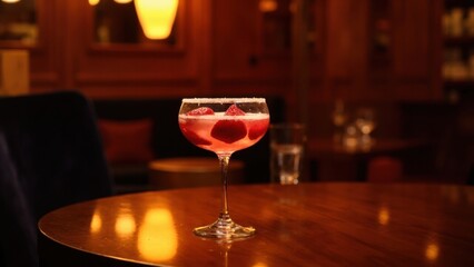 A vibrant pink cocktail in a coupe glass, garnished with berries, sitting on a glossy wooden table in a dimly lit bar setting. Concept of sophisticated evening
