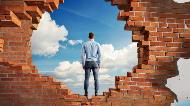 Breaking Barriers: A person stands gazing through a breach in a brick wall at a vibrant blue sky, symbolizing overcoming obstacles, strength, and limitless possibility.