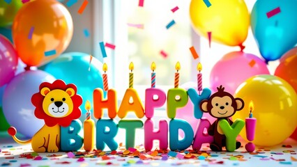 Fototapeta premium happy birthday party with animals, balloons