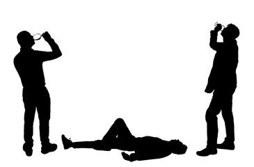 Social problem drunk addict people drink alcohol beverage in glasses vector silhouette isolated. Crew party friends celebrating night life. Risk behavior unconscious drunk man lies down pass out.