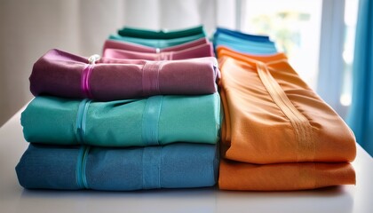 a variety of colorful scrubs neatly folded