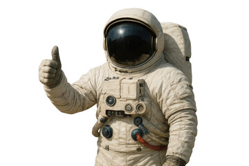 Astronaut in white spacesuit giving thumbs up, representing achievement and optimism during space mission on isolated background