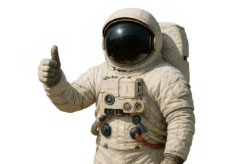 Astronaut in white spacesuit giving thumbs up, representing achievement and optimism during space mission on isolated background