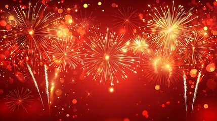 Vibrant fireworks explode against a rich red backdrop.