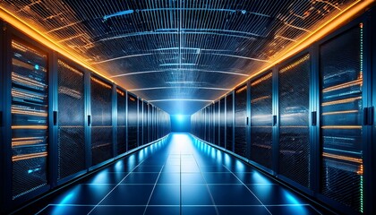 Fototapeta premium close up view of illuminated server panels in a modern data center showcasing technology