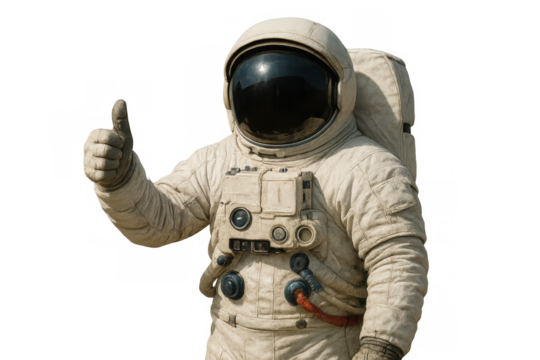 Astronaut in white spacesuit giving thumbs up, representing achievement and optimism during space mission on isolated background