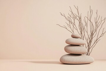 A serene arrangement of light-beige stones stacked atop one another, reminiscent of a zen garden, rests beside a cluster of slender, bare branches against a muted pink backdrop