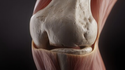 Detailed Anatomical Study of Human Knee Joint Highlighting Bone, Cartilage, and Muscle Structures in a Close-Up Perspective for Medical Illustration
