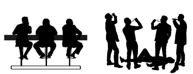 People sitting in bar drinking alcohol beverage vector silhouette illustration isolated. Crew party friends night life guests. Businessman crew meeting talk. Relaxation drunk man pass out lies down.