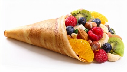 a cone shaped crepe filled with fruits and nuts isolated on a white background