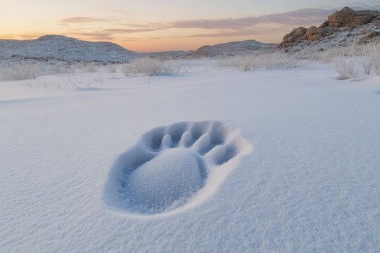A large bear's paw print in fresh snow at sunrise, a serene winter landscape.