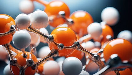 close up of abstract molecular structure featuring orange and white spheres ideal for scientific educational or technological themes in presentations articles or marketing materials