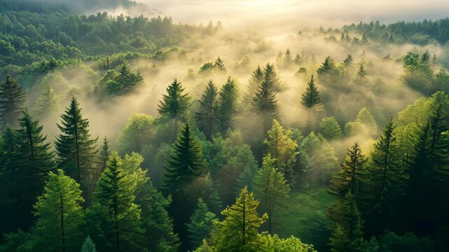Mist-Kissed Forest: An aerial view of a dense, lush forest shrouded in a dreamy, ethereal mist, with the sun casting a warm glow, creating a sense of mystery and natural beauty.