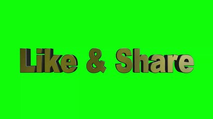 Animated 3D Text Saying "Like & Share" on Green Screen, Vibrant Motion Graphics, Perfect for Social Media, Marketing, and Video Content