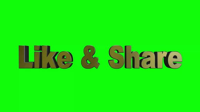 Animated 3D Text Saying "Like & Share" on Green Screen, Vibrant Motion Graphics, Perfect for Social Media, Marketing, and Video Content