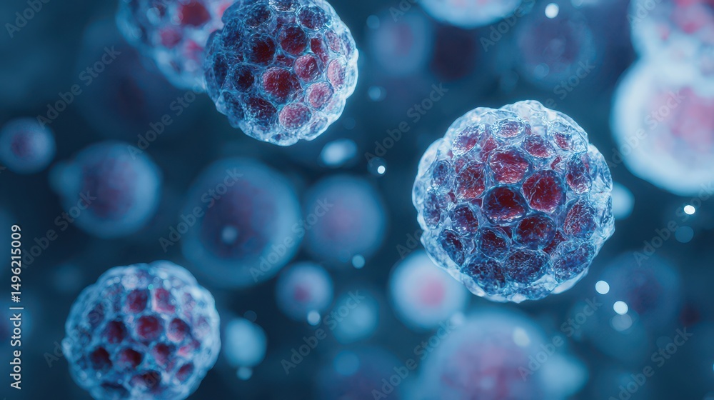 Poster microscopic view of colorful cells and bubbles in a biological environment with a scientific and abs