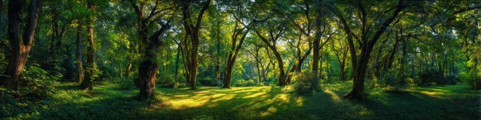 Naklejka premium Sun Dappled Forest Path: Lush Green Canopy and Tranquil Woodland Scene