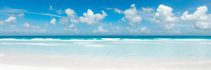 Fototapeta premium Serene Beach Panorama Turquoise Waters, White Sand, and Blue Sky