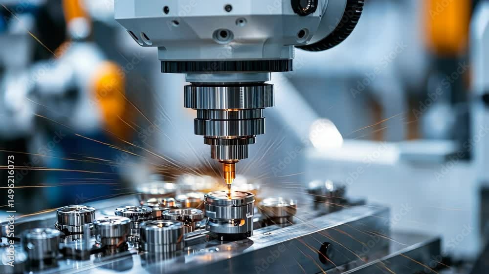Poster precision automation: a close-up view captures the intricate dance of a robotic arm engaged in cutti
