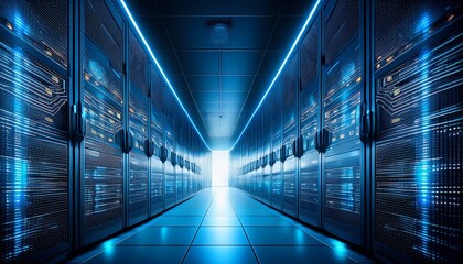 Fototapeta premium advanced data center with glowing blue server racks in dark room