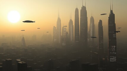 Cidade futurista ao amanhecer nebuloso