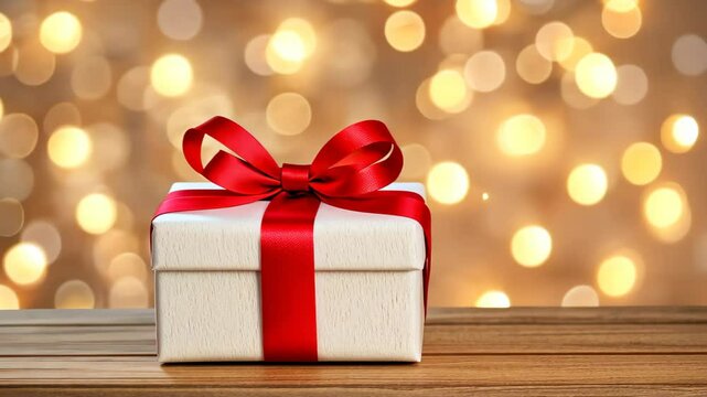 Festive Present: A beautifully wrapped gift box adorned with a red ribbon sits on a wooden surface, set against a backdrop of shimmering lights, evoking feelings of joy, celebration, and anticipation.