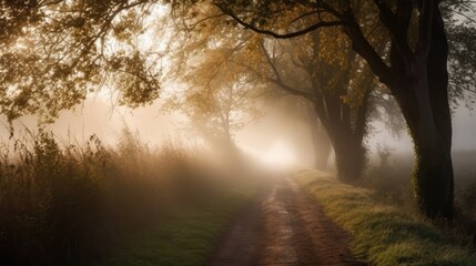 A foggy forest path with trees in the background
