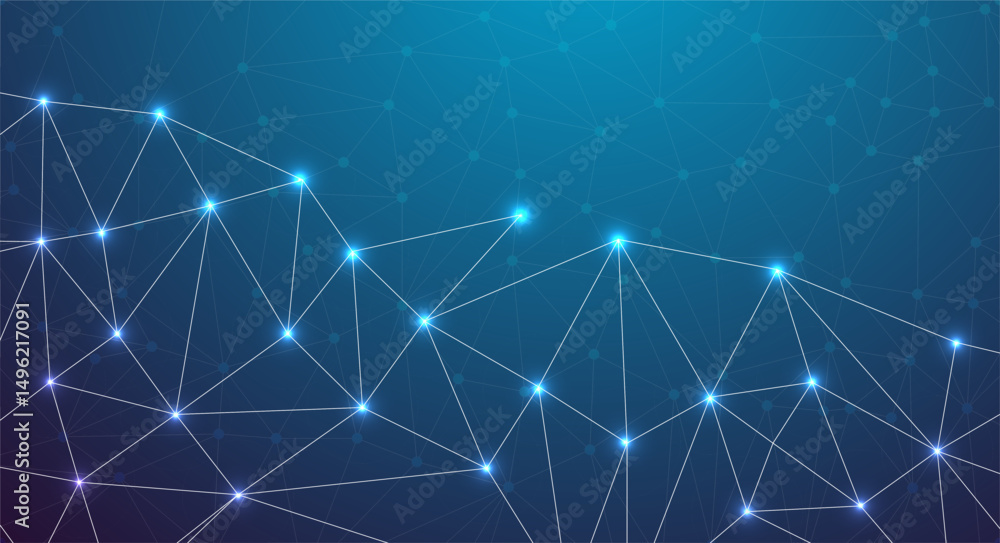 Aufkleber abstract blue background with glowing stars and digital patterns, low poly network connection backgr